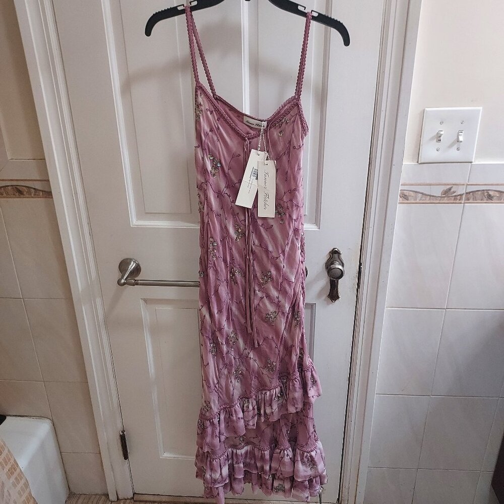 TANNER FLETCHER Celeste Mauve Floral Sequin Chiffon Slip Dress